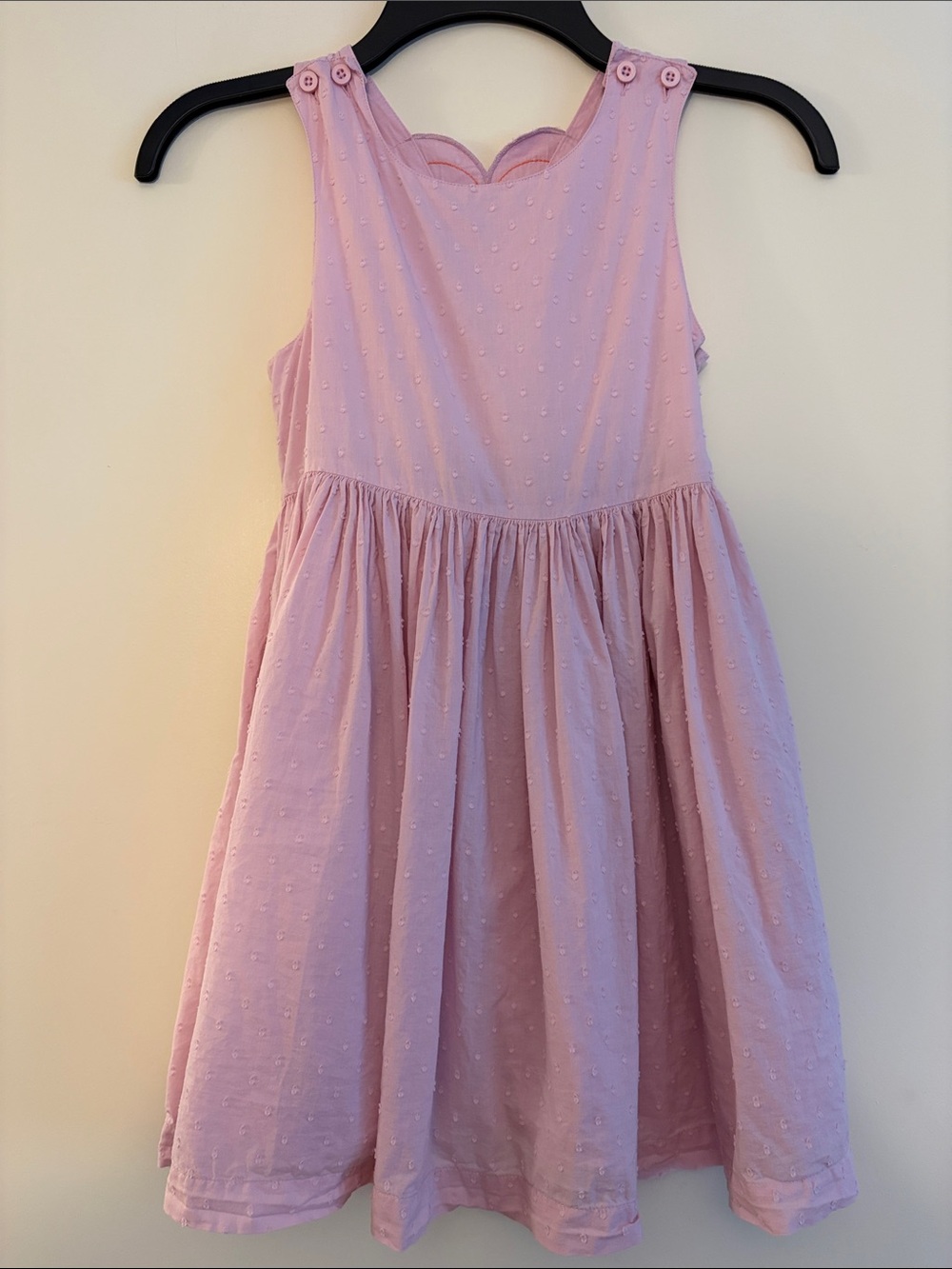 Mini Boden Girls Size 7-8 Pink Flower Applique Back Dress Swiss Dot